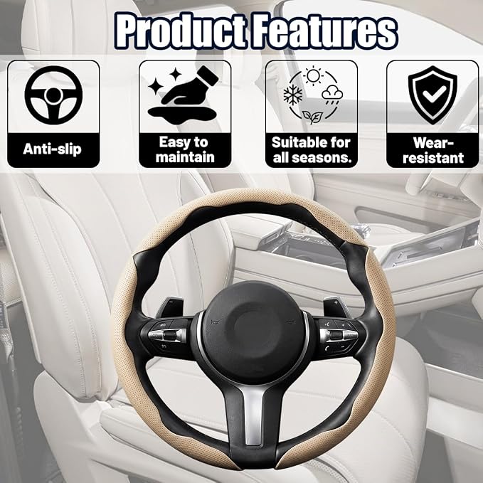 3PCS Car Steering Wheel Cover, 14.5-15" Breathable Nappa Leather Segmented Steering Wheel Protector with Non-Slip Grip, Stylish Auto Interior Decor Accessories, Universal for Vehicles (Beige)