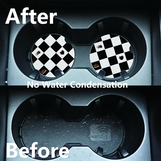 2pcs Black and White Checkerboard Car Coasters,Absorbent Universal neoprener Cup Holder Coasters with a Finger Notch,Car Accessories for Women&Man Interior,2.75"