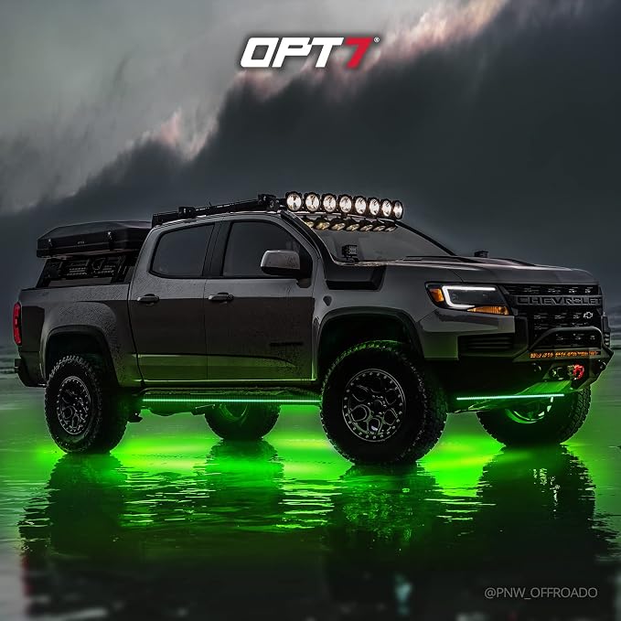 OPT7 Aura Pro Rigid RGB LED Underglow Kit for Trucks Trailers Pickups with App & Remote Control, Multi Colors Music Modes, 4 PCS Waterproof Aluminum Light Bars, Exterior Neon Under Car Lights
