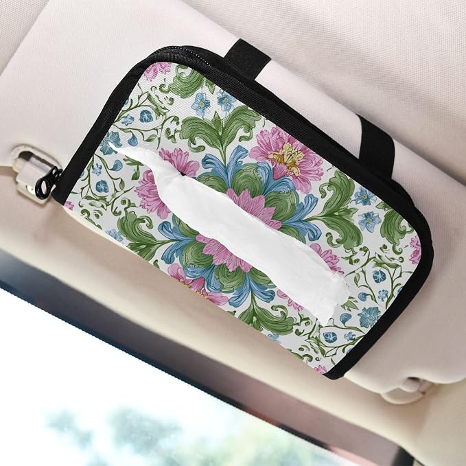 White Pink Green Flower Boho Mandala Car Tissue Holder Durable Napkin Holder Hanging Tissue Holders Case Car Tissues Bag for Sun Visor Seat Back Universal Auto