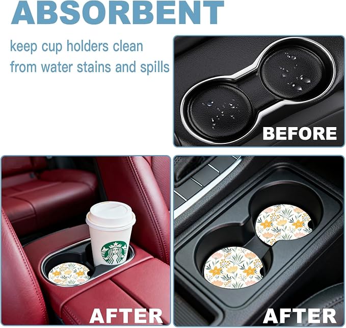 Car Cup Holder Coaster Set of 2, 2.56 in Ceramic Coasters, Scratch-Resistant Cork Backing, Finger Groove Design for Easy Placement, Cute Car Accessories Interior for Women (Yellow Flower)