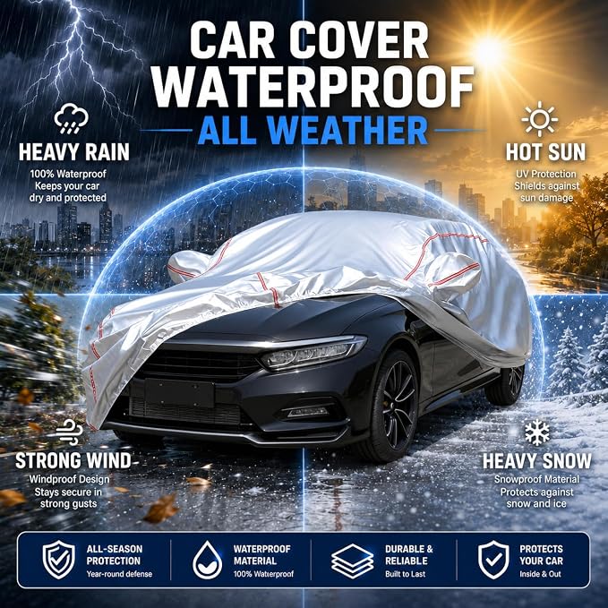 Waterproof All Weather Heavy Duty Vehicle Cover, 360° Underbody Wrap Windproof Design, Quick Install Outdoor Cover,(for Honda Accord 2002-2025)