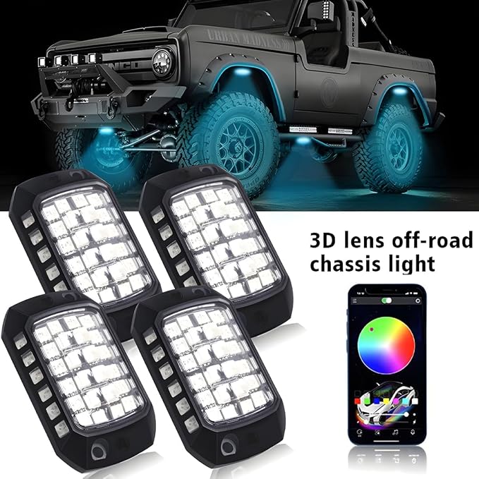 Car RGB Rock Lights, 8 Pods 36 LEDs High Brights Multicolor Underglow Neon Lighting Kit with APP Control, Automotive Exterior Wheel Well Glow Kit, Universal for SUV RV Truck