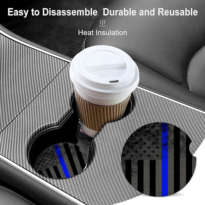 2 Pack Absorbent Car Coasters for Cup Holders,Ceramic Coasters with Cork Back and Finger Slot,Cool Cupholder Accessories to Keep Your Car Cup Holders Clean and Dry 2.56"(Blue Line USA Flag)