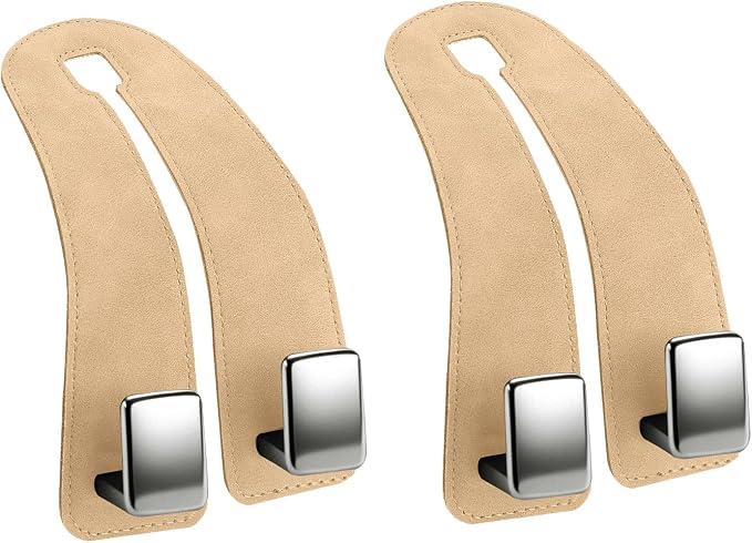 Amooca Car Headrest Hooks, Premium Suede with Metal Car Seat Back Storage Hooks for Handbag Coats Umbrella Backpack - 2 Pack, Beige