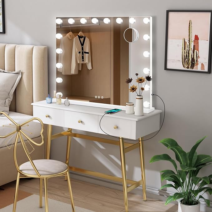 Moonee Vanity Mirror with Lights, Hollywood Lighted Makeup Mirror with 18 Dimmable Bulbs and 10X Magnification, 3 Colors Modes, Light Up Mirror, Gifts for Women, Girls,Dorm Room Essentials(32" x 24")
