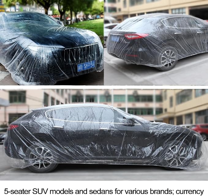 4 Packs Disposable Car Cover Clear Plastic Car Cover Universal Rain Dust Garage Cover with Elastic Band Medium (12.4 FT x 21.6 FT)