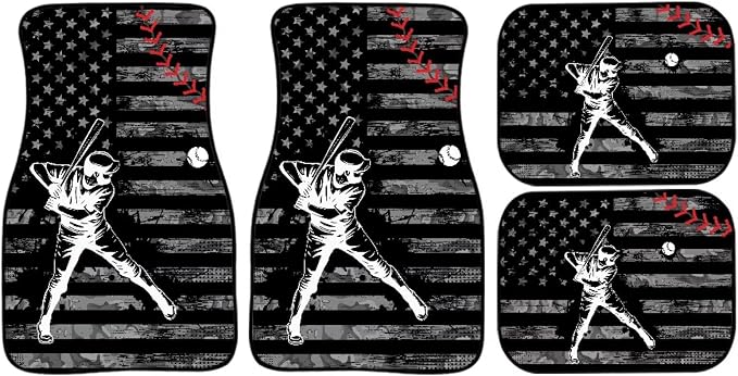 Baseball Print Car Floor Mats Set of 4 Retro American Flag Sports Ball Universal Vehicle Floor Carpet Decorative Auto Front Rear Foot Rugs for Trucks SUV Sedan
