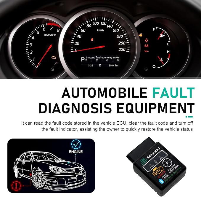 Car Bluetooth OBD2 Diagnostic Tool, Plug and Play Real-time Code Reader, Reset and Clear Engine Light Scanner with Exclusive App, Universal Mini Monitor Device for Most Phone Systems (Black)