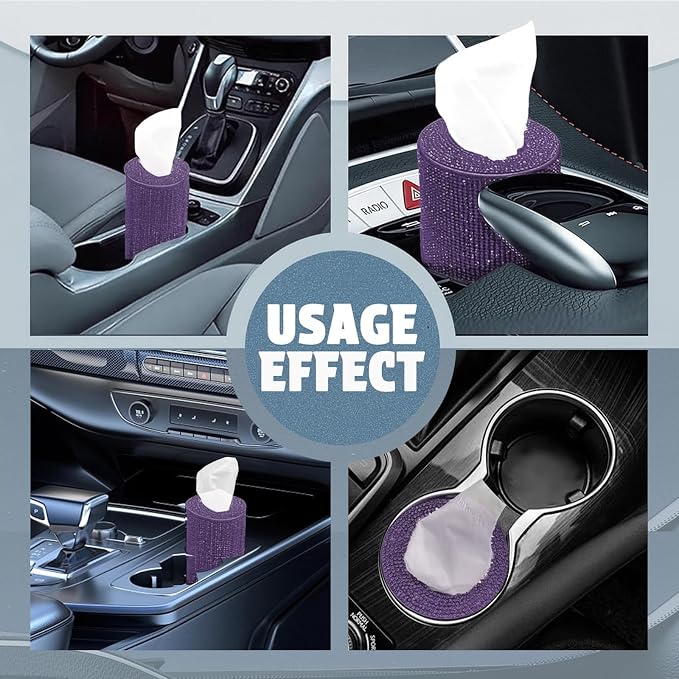 Bling Car Tissue Holder for Cup Holder – Sparkly Rhinestone Round Tissue Dispenser with 1 Pack Tissues – Fits Standard Auto Cup Holders – Stylish Car Interior Accessory for Women (Purple)