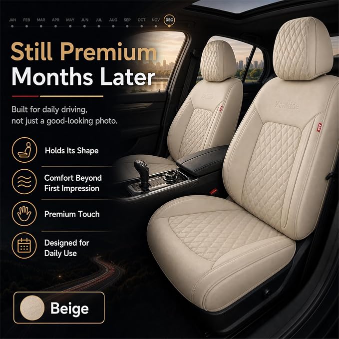 Beige High-Density Nappa Leather Automotive Car Seat Covers Full Set | Univerasal Precision Fit,3D Contoured,Full Coverage,Waterproof,ThickTexture Nappa Leather,for most Suvs Trucks Sedans
