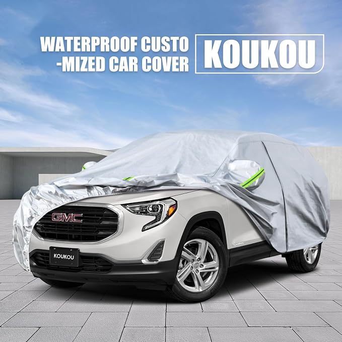 Koukou 6 Layers Car Cover Custom Fit GMC Terrain from 2010 to 2025, Waterproof Car Cover All Weather for Automobiles Outdoor Indoor with Zipper Door, Sun Rain Dust Snow Protection.