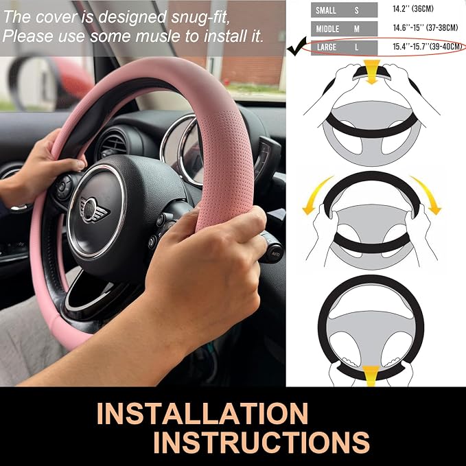 PINCTROT Large Size Nappa Leather Steering Wheel Cover, Slim Fit No Bulk Design, One Piece Leather with Breathable Perforation, Fit Like Gloves, 15.5-15.75 Inch(Nappa Pink)
