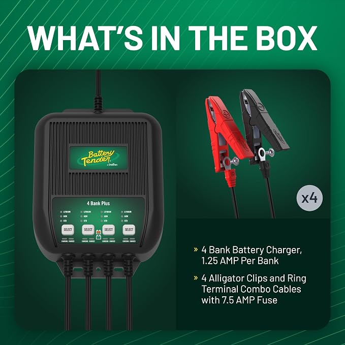 Battery Tender Plus 4 Bank Multibank Charger - 5 AMP (1.25 AMPs Per Bank) - Smart 12V Multi Battery Charger and Maintainer for Standard, AGM, and Lithium LiFePO4-022-0148-DL-WH