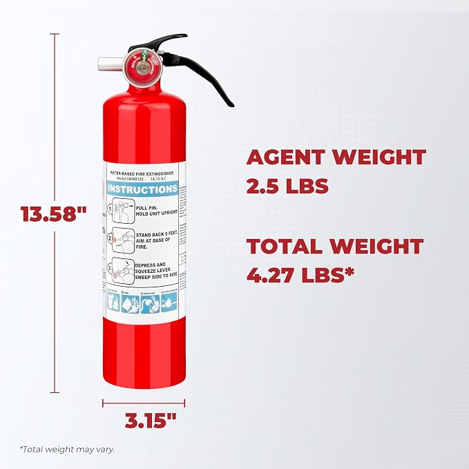 Safewayfire Pro 2.5 lb Fire Extinguisher for Home, 1A:10B:C, Water-Based | Fire Extinguisher for Kitchen, BBQ & RV, Low Mess, Easy Cleanup, Fights Grease, Liquid, Gas & Electrical Fires, 1-Pack