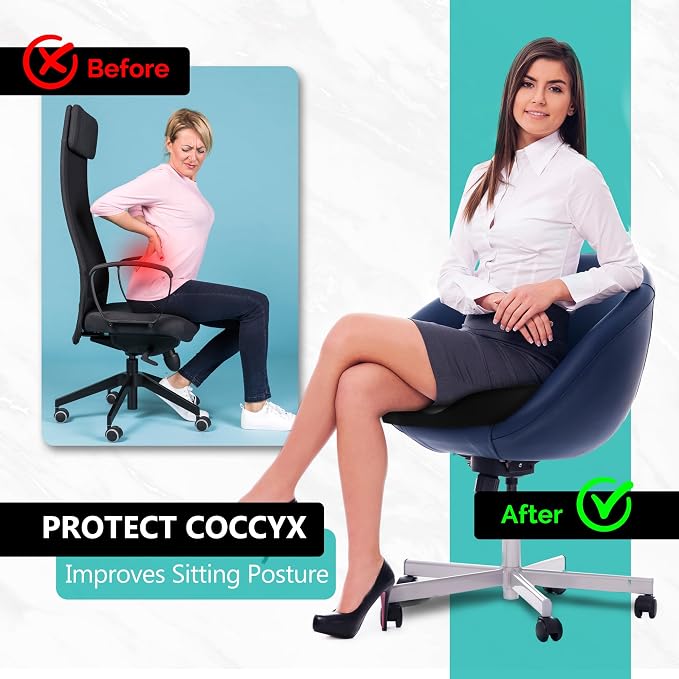 Seat Cushion - High-Density Charcoal Memory Foam Office Chair Cushion with Adjustable Strap & Washable Non-Slip Cover | Supports Sitting Posture for Office, Car & Home
