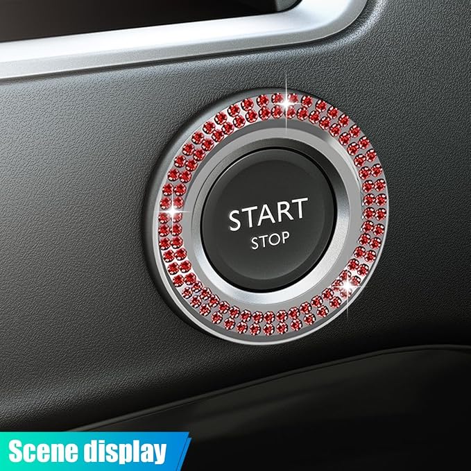 Car Bling Crystal Rhinestone Engine Start Decoration Ring, Ring Start Button Cover Sticker Key Ignition & Knob Ring Decoration, Bling Car Interior Accessories for Women (Red)
