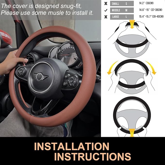 PINCTROT Nappa Leather Steering Wheel Cover, Slim Fit No Bulk Design, One Piece Leather with Breathable Perforation, Fit Like Gloves, Universal 14.5-15 Inch(Nappa Brown)