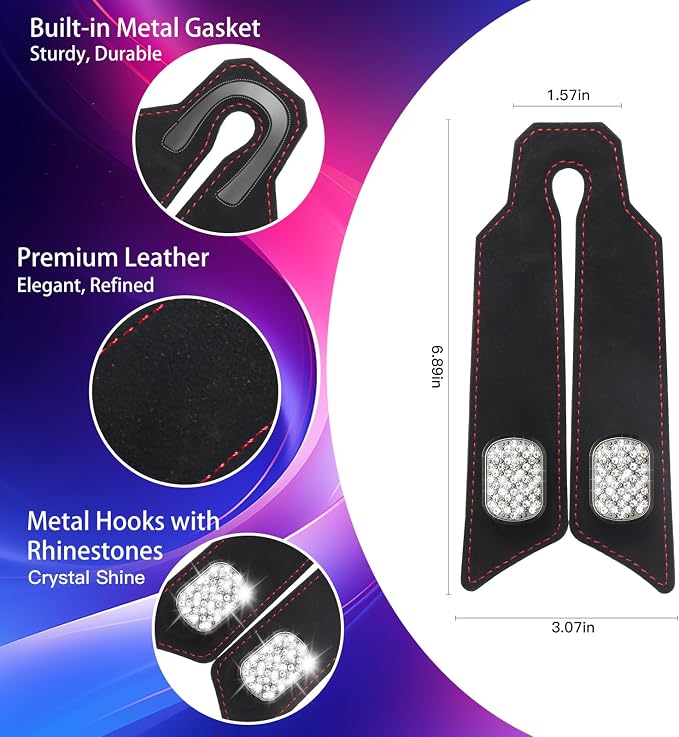 2Pcs Bling Car Headrest Hooks, Premium Leather & Sparkling Rhinestone Dual Metal Hooks, Back Seat Organizer for Bags, Coats, Purses and Groceries (Crystal Black)