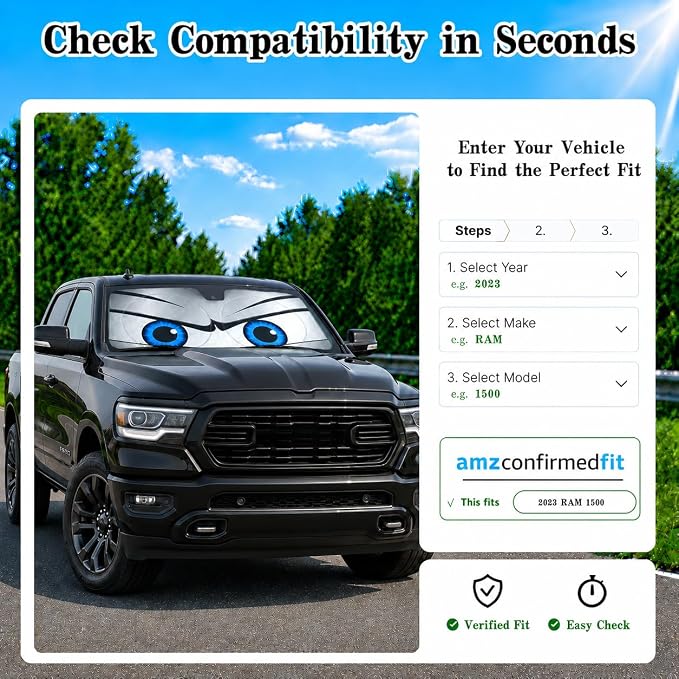 Car Windshield Sun Shade, Universal Fit Full-Size SUV Pickup, Sporty Silver | 63 x 33.86" Large Windshield Cover, Foldable Front Window Sunshade, UV Heat Blocker, Cute Eyes Series