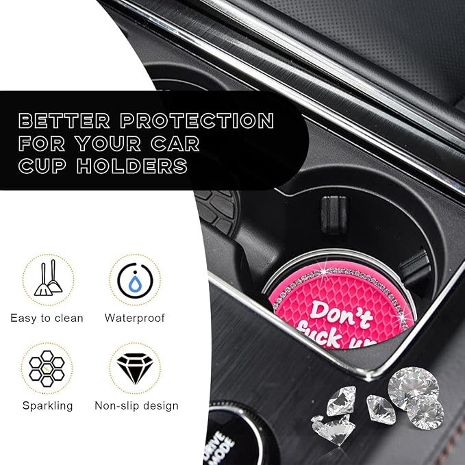 Ohleats Bling Car Cup Coaster, 2.75 Inch Non-Slip Don't Fuck Up My Car Please Cup Holder Insert Coaster, Crystal Rhinestone Auto Drink Cup Mat, Universal Car Accessories (Rose Red-4PCS)