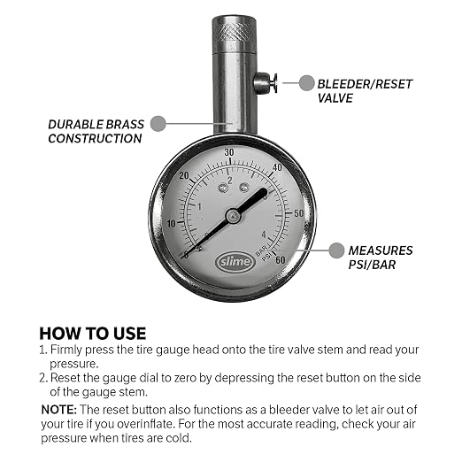 Slime 20459 Tire Pressure Gauge, Dial, Analogue, Brass Tire Gauge (5-60 psi)