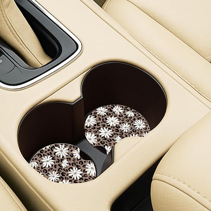Ceramic Car Coasters – Absorbent Car Cup Holder Coaster Set for Women, Cute Aesthetic Car Accessories for Girls, 2 Pack (Sand Brown)