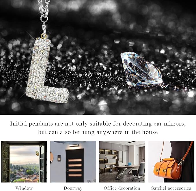 DXNQ Bling Initial Car Rear View Mirror Ornament, Crystal Sparkling Cute Letter Charm Pendant Auto Decor, Hanging Lucky Diamond Initial Charm Car Mirror Bag Ornament for Girl Women (Letter L)