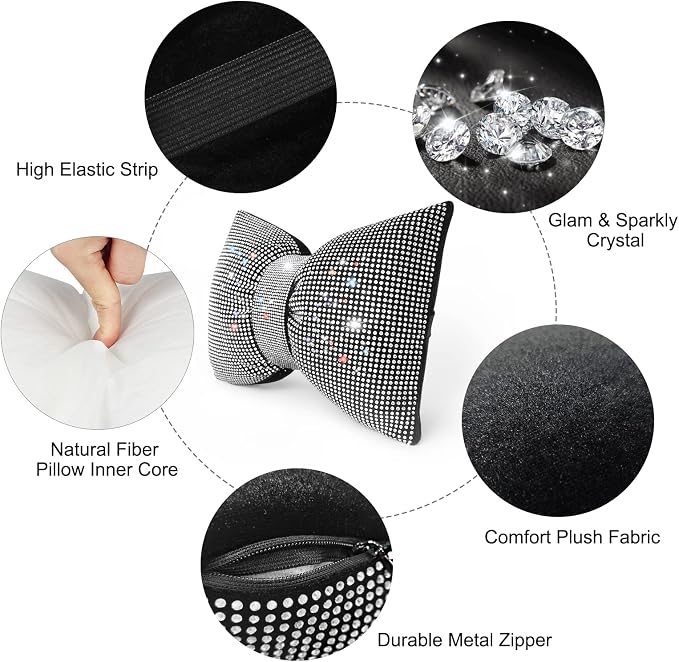 surpassme 2PCS Rhinestone Car Headrest Neck Pillow for Driving with Bling Bling Crystal Bow Pillow Car Accessories for Women (Silver/White)