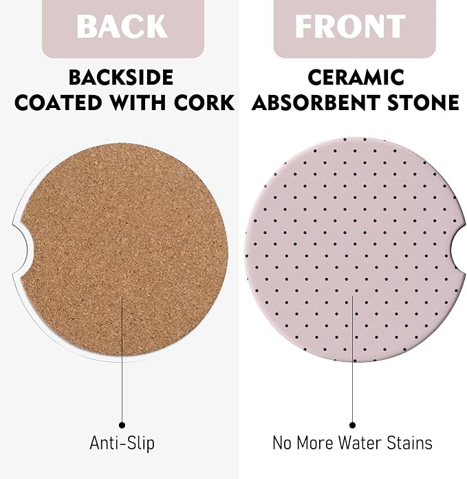 2 Pack Car Coasters for Cup Holders, Absorbent Ceramic Cup Coaster with Cork Base and Finger Notch, Cute Car Accessories Interior for Women Men (Pink Polka Dots)