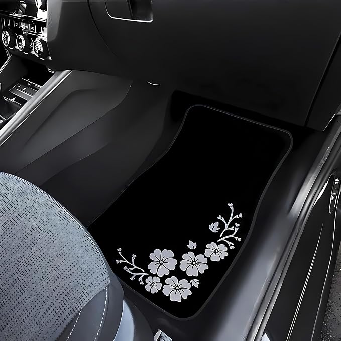 Universal Fit Car Floor Mats Set of 4Pcs, White Floral Pattern All-Weather Front Rear Car Carpet Mats, Non-Slip Car Floor Mat Car Accessories for Automotive Trucks SUV Sedans Vans