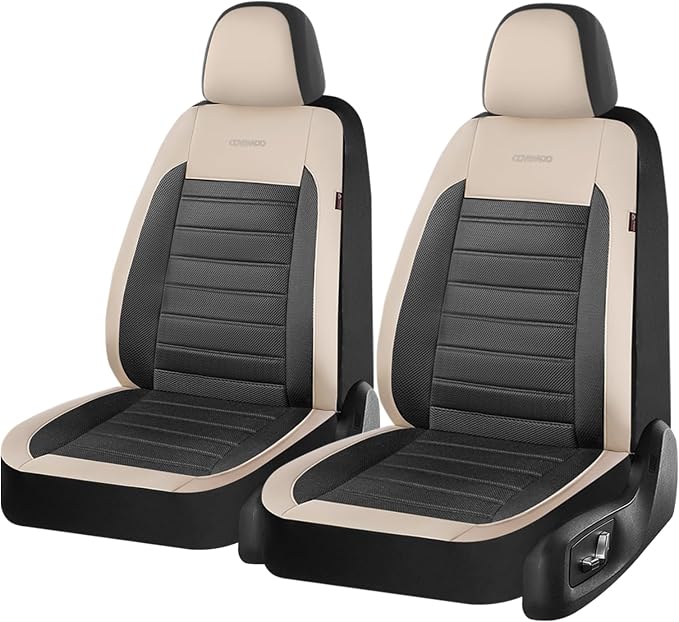 Coverado Car Seat Covers Front Seats, Luxury Leather Car Seat Covers, Automotive Mesh Seat Covers 2 Pack, Airbag-Compatible, Black Beige Seat Covers for SUV Sedan Truck