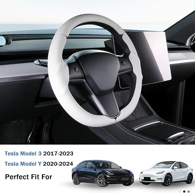 Steering Wheel Cover for 2017-2023 Tesla Model 3 2020-2024 Tesla Model Y, Leather Steering Wheel Cover for Tesla Model 3/Y Accessories, White