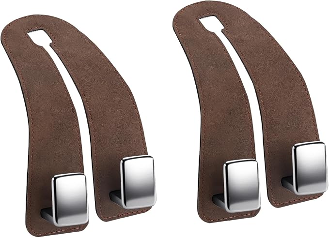 Amooca Car Headrest Hooks, Premium Suede with Metal Car Seat Back Storage Hooks for Handbag Coats Umbrella Backpack - 2 Pack, Brown
