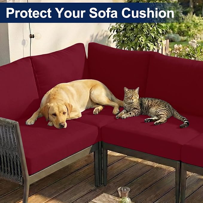 Smiry Waterproof Patio Cushion Covers, Stretch Outdoor Couch Slipcovers Replacement Washable Furniture Protector Sofa Chair Seat Cover for Dogs and Pets (12 Pcs, Wine Red)