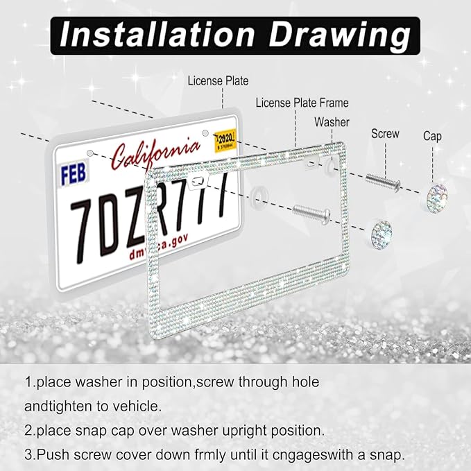 Amiss Bling License Plate Frame for Women, 2Pack Rhinestone Handcrafted Crystal Premium Stainless Steel, Stainless Steel Car Decorative Accessories with Diamond Sparkle Glitter Caps (Colorful)