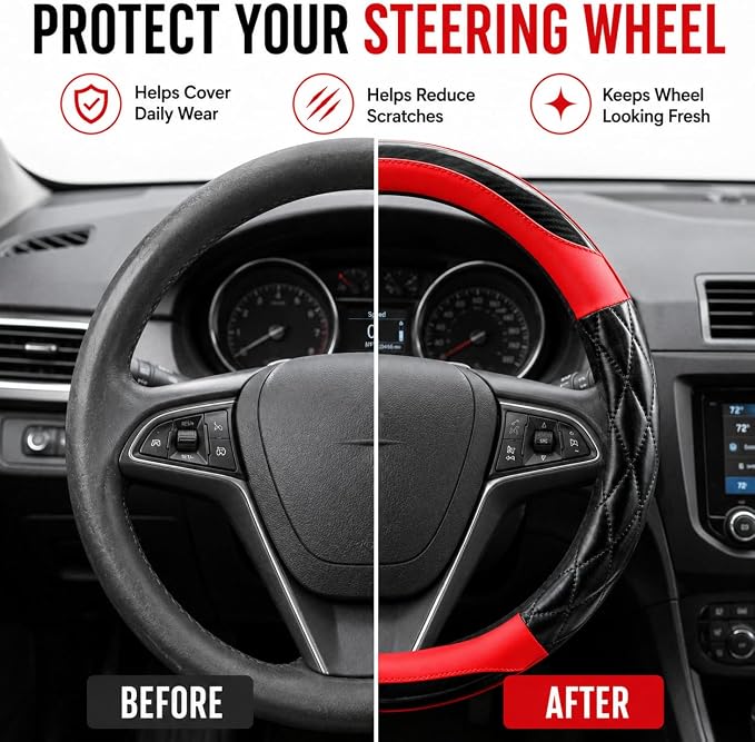 Couslcd 14.5-15 Inch Leather Steering Wheel Cover with Soft Padded Lining, Anti-Slip Comfort Grip, Universal Steering Wheel Protector for Most Cars, SUVs, Trucks (Red)