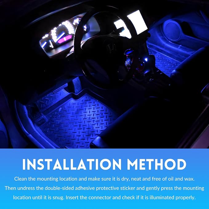 Car LED Strip Light, 12V 24 LEDs RGB Car Interior Atmosphere Lamp with USB Port, Vehicle Under Dash Floor Ambient Night Decorative Lighting Kit (Blue)