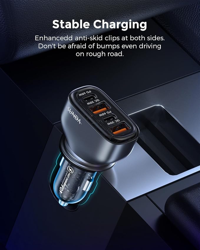 SUNDA 120W USB C Fast Car Charger, 4-Ports Car Charger Adapter, Dual Type C PD60W/PPS60W Compatible with iPhone15/14 Pro/Max/iPhone13/Galaxy/SamsungS23, Dual USB-A 18W QC3.0 for Android(Gray)