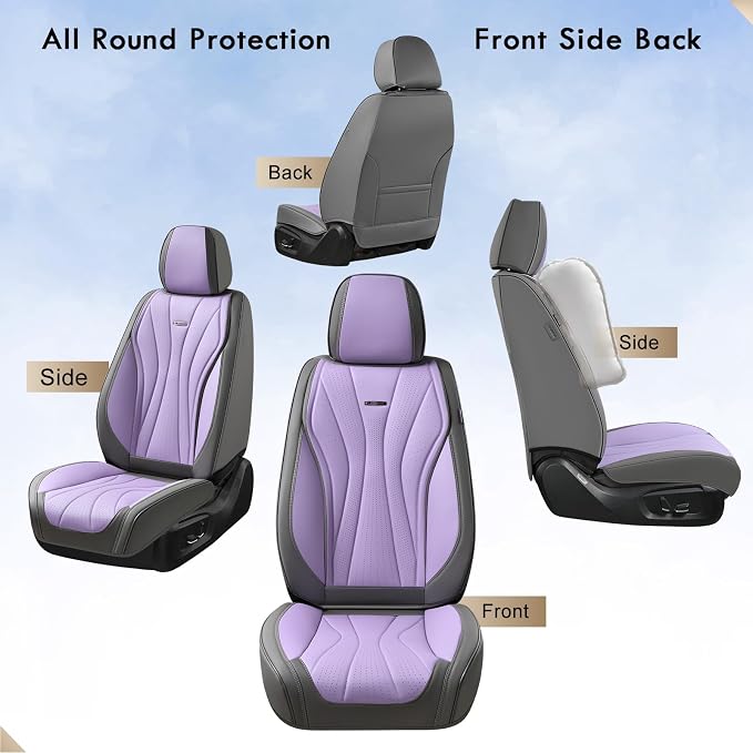 Coverado Seat Covers Full Set, Leather Car Seat Covers, Waterproof Seat Covers for Cars, Front and Back Car Seat Protectors, Car Seat Cushions Universal Fit for Most Cars (Gray&Purple)