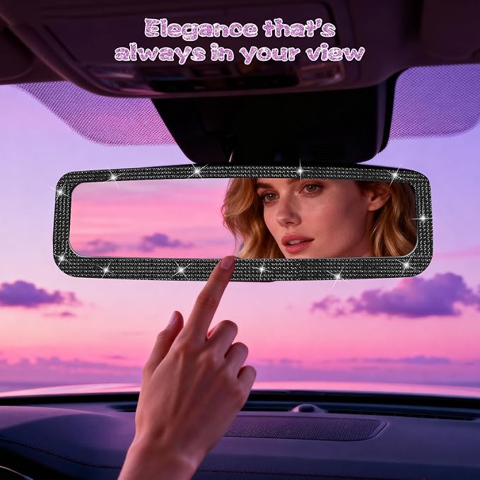 Bling Car Rear View Mirror, Rearview Accessories with Rhinestones Crystal Diamonds,Bling Car Accessories for Women (Black)