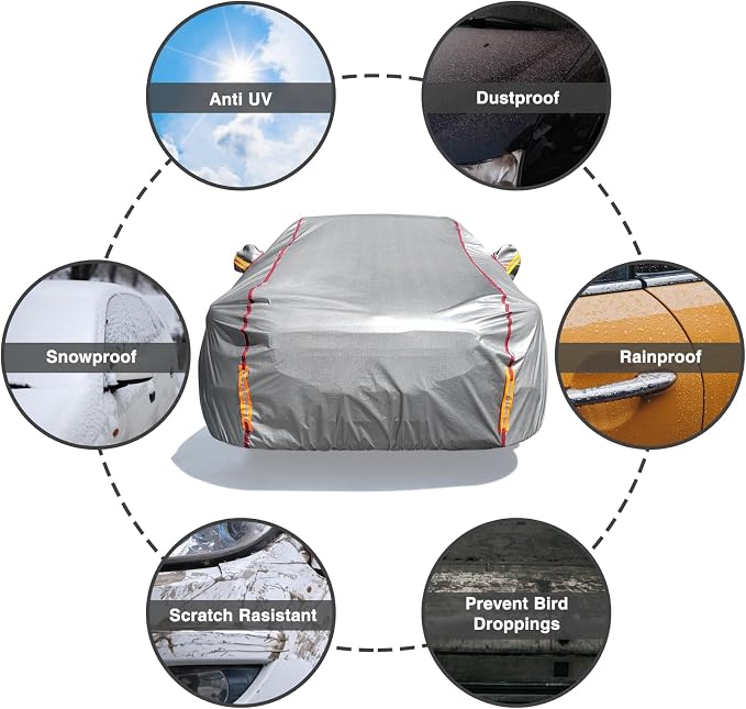 Car Cover Waterproof All Weather, 6 Layers Outdoor Full Car Cover UV Snow Rain Wind Dust All Weather Outdoor Protection with Zipper Cotton, Mirror Pocket, Fit for Sedan Grey (190-195 inch)