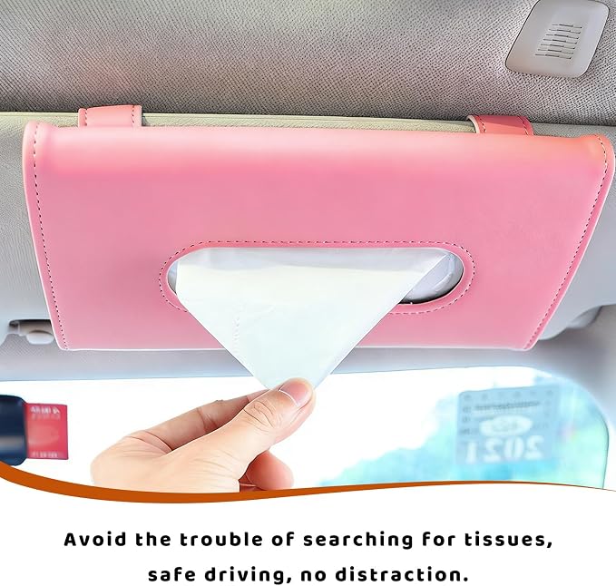 Car Visor Tissue Holder, Premium Leather Sun Visor Napkin Organizer with Tissue Refill, Universal Backseat Napkin Case Sunvisor Mask Holder for Cars SUVs Trucks RVs (Pink)