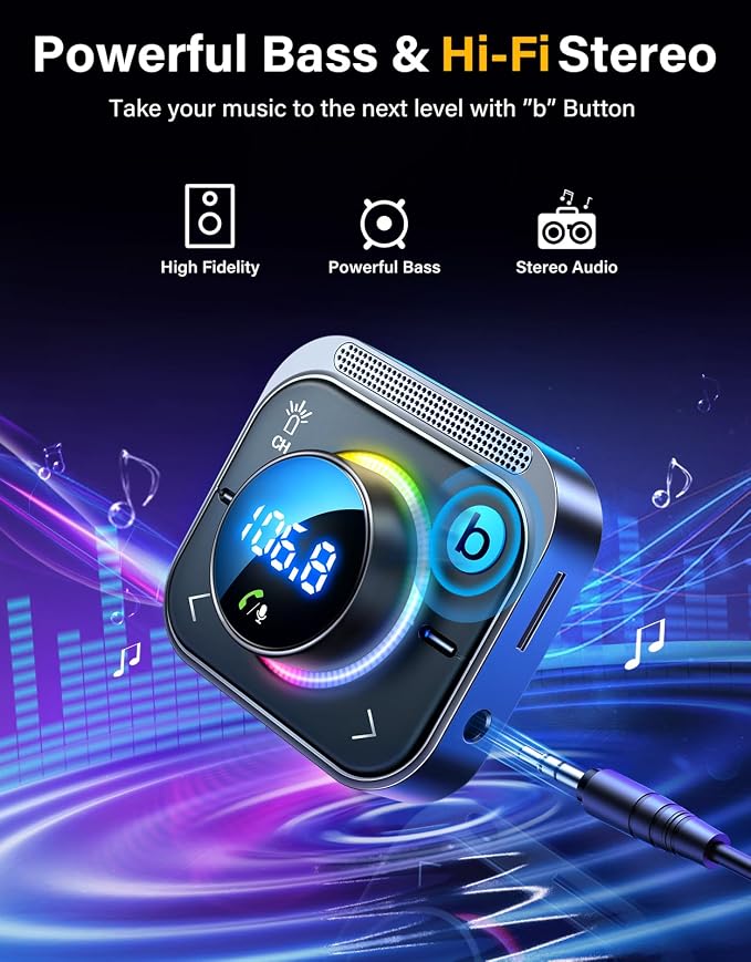 JOYROOM 96W FM Transmitter Bluetooth 6.0 Car Adapter Aux with 3 Charging PortsăPD 60W & 2 * 18WăăAir Vent Installation for Safeă Deep HiFi Bass Player Wireless Radio Fun Car Accessories Gift Set