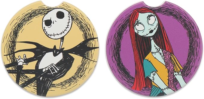 Disney The Nightmare Before Christmas Jack and Sally Ceramic Car Coasters | Fun Auto Coasters, Set of 2 for Car or Truck