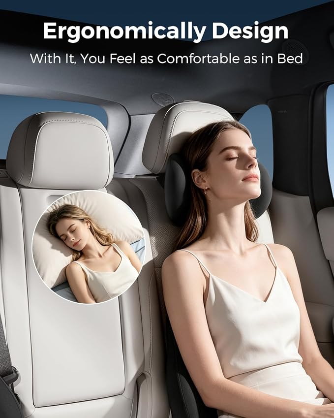 BABUR 100% Memory Foam Neck Pillow, Ergonomic Headrest for Car Seat | Driver Neck Pain Relief, Adjustable Buckle, Universal Car, Office Chair, Soft Breathable, Removable Cover, Machine Washable