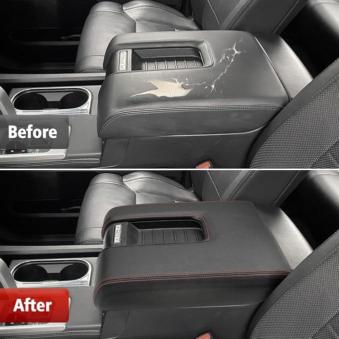 KBH Car Center Console Cover Replacement for Toyota Tundra 2014 2015 2016 2017 2018 2019 2020 2021, Vinyl Leather Armrest Uhpholstery, Anti-Scratch, Black-red Stitch (Leather Part Only)