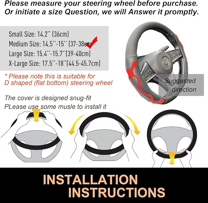 PINCTROT D Shaped Comfy Grip Steering Wheel Cover, Anti-Slip Design, Flat Bottom 14.5-15 Inch(Silicone Red)