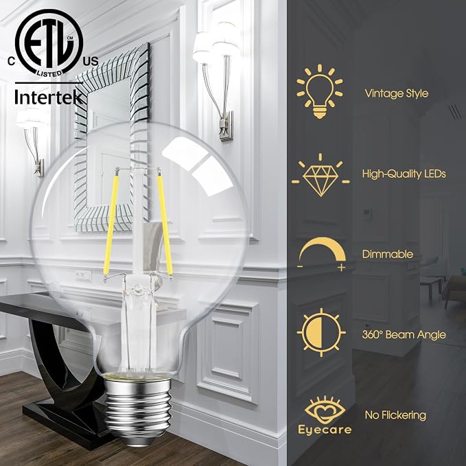 E ENERGETIC LIGHTING 5W Dimmable G25 LED Edison Light Bulb, G25 (G80) Globe Bulb, 60W Equivalent, 5000K Daylight, Christmas Light, E26 Standard Base, ETL Listed, 6-Pack