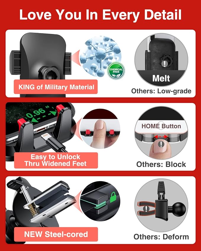 VANMASSใ85+LBS Strongest Suction & Military-Grade Ultimate Car Phone MountใPatent & Safety Certsใ Cell Phone Holder for Dash Windshield Vent for iPhone 17 Pro Max Automobile Accessory Kits,Red